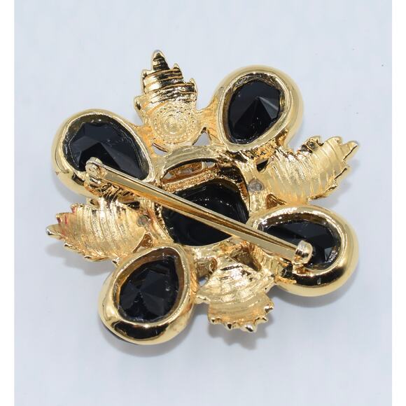 Y2K ST. JOHN Designer Black & Gold Cabochon Maltese Cross Crest Brooch Pin - Picture 5 of 6
